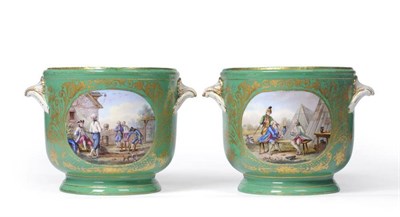 Lot 146 - A Pair of Sevres Style Porcelain Ice Pails, 19th century, painted with figures in landscape and...