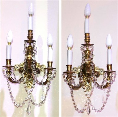 Lot 1028 - A Pair of French Gilt Metal Three-Branch Wall Lights, late 19th century, the central branch...