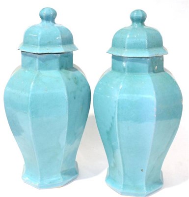 Lot 191 - A Pair of Chinese Turquoise Glazed Stoneware Vases and Covers, modern, of hexagonal baluster...