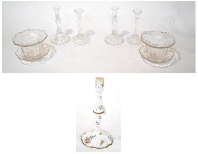 Lot 197 - A Pair of Cut Glass Tapersticks, with facetted stems and domed bases, 15.5cm high; A Similar...