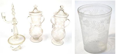 Lot 200 - A Bohemian Soda Glass Vase, 19th century, of bucket form engraved with foliage, 26cm high; A...