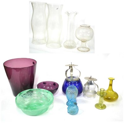 Lot 207 - A Pair of Large Glass Storm Shades, 20th century, 62cm high; A Tall Glass Flower Vase, with bulbous