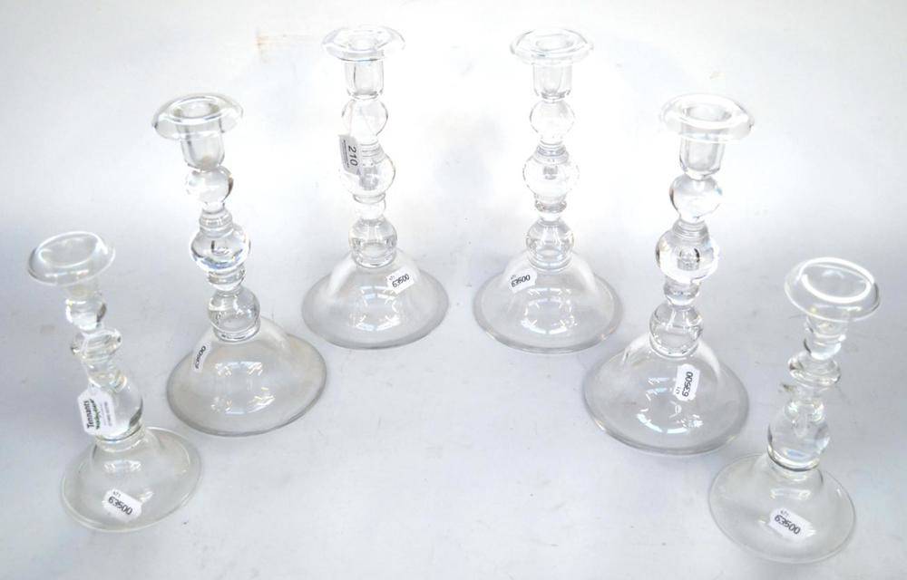 Lot 210 - A Set of Six Glass Candlesticks, in 18th century style, with knopped stems and domed bases, tallest