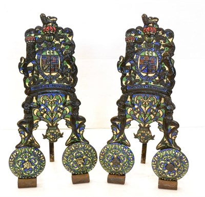 Lot 1031 - A Pair of Cast Iron Andirons, in 17th century style, cast and painted with the Royal arms and...