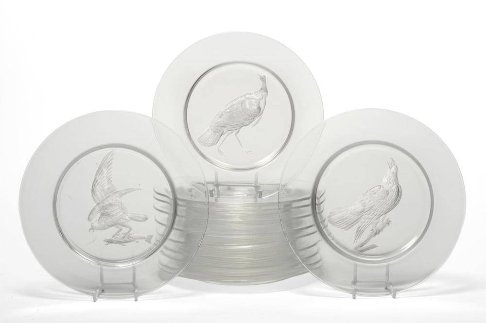 Lot 213 - A Set of Twelve Steuben Glass Plates, mid 20th century, engraved with Audubon's Birds of...