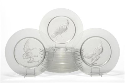 Lot 213 - A Set of Twelve Steuben Glass Plates, mid 20th century, engraved with Audubon's Birds of...