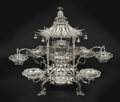 Lot 216 - A George III Silver Pagoda Epergne, Thomas Pitts, London 1762, the cast base raised on four...