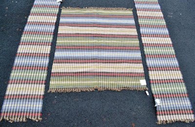 Lot 253 - Indian Flat Weave Carpet India The field of polychrome bands 216cm by 183cm; and Two Other Runners