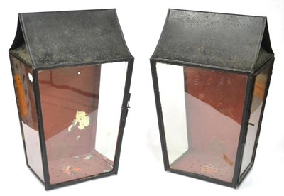 Lot 262 - A Pair of Toleware Pitched and Tapered Lanterns, drilled to the reverse for wall fitting,...