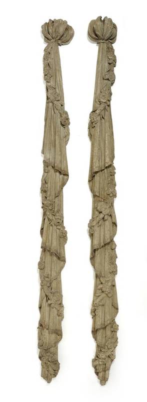 Lot 266 - A Pair of 19th Century Carved Pine Appliques, painted en grisaille with carved swags and flower...