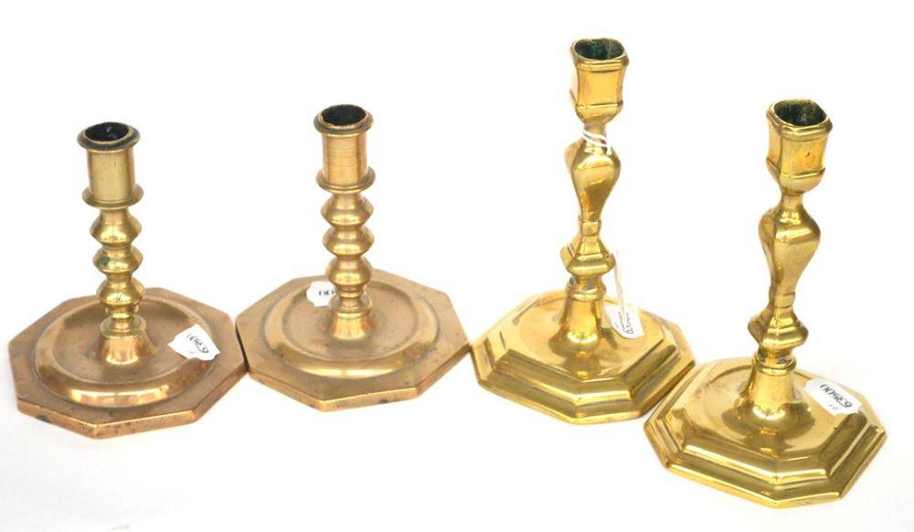 Lot 273 - A Pair of Brass Candlesticks, early 19th century, of square section baluster form, 18cm high; and A