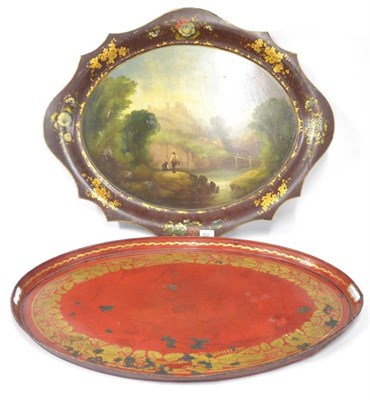 Lot 282 - A Toleware Tray, circa 1830, of shaped oval form painted with a view of Llangollen, within a purple