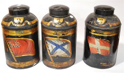 Lot 285 - Three Tole Tea Canisters, decorated with flags and numbered, 2, 7 and 9, 39cm high