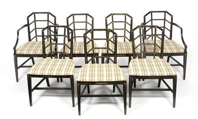Lot 312 - A Set of Seven Regency Style Ebonised and Parcel Gilt Dining Chairs, repainted and with later squab