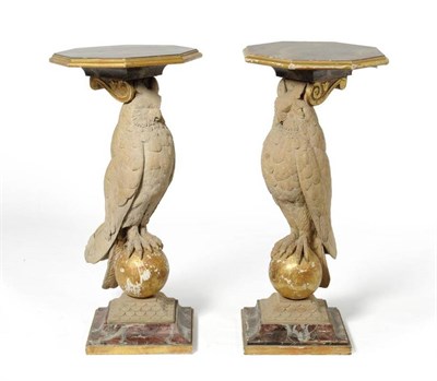 Lot 320 - A Pair of Carved Pine and Scagliola Pedestals Modelled as Owls, each perched on a gilt painted...