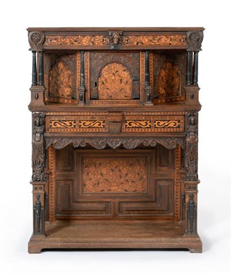 Lot 1060 - An Oak, Marquetry Inlaid, Parquetry Decorated and Ebonised Court Cupboard, the superstructure...