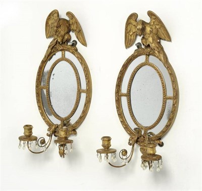 Lot 355 - A Pair of Regency Style Gilt and Gesso Two-Branch Girandoles, late 19th century, the oval...