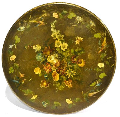 Lot 360 - A Victorian Painted Slate Circular Table Top, mid 19th century, richly decorated with flowers,...