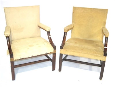 Lot 366 - Two George III Mahogany Framed Library Armchairs, late 18th century, covered in yellow velvet, with