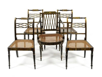Lot 369 - A Set of Four Regency Ebonised and Parcel Gilt Dining Chairs, early 19th century, painted...