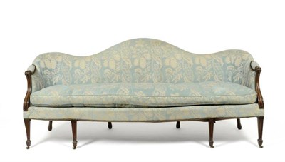 Lot 380 - A George III Design Hump-Back Sofa, upholstered in close-nailed duck egg blue and beige fabric,...