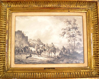 Lot 415 - V* Verschur (19th century) Dutch Men watering horses beside ruins Signed and indistinctly...