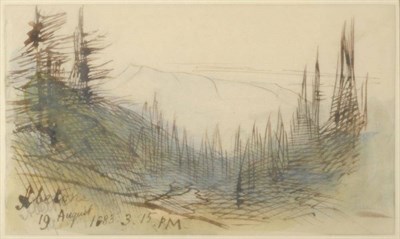 Lot 418 - Edward Lear (1812-1888)  ";Abetons"; - A view of mountains through trees  Inscribed and dated...