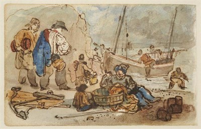 Lot 420 - James Holland (1799-1870)  Fisher folk and figures upon a shore, a beached boat with figures A page