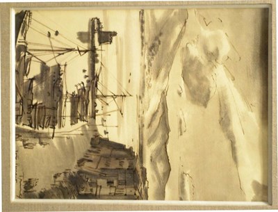 Lot 424 - Van De Treux (20th century) ";Porto Ferraio, Elba"; Signed, inscribed, ink and wash, 30cm by...