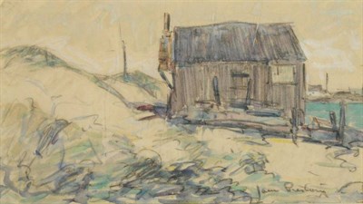 Lot 428 - James Moore Preston (1873-1962) American Beach Hut Signed, mixed media on paper, 10.5cm by 19cm...