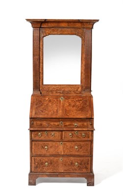 Lot 1086 - A George II Style Burr Walnut and Feather Banded Walnut Bureau Bookcase, of small proportions,...