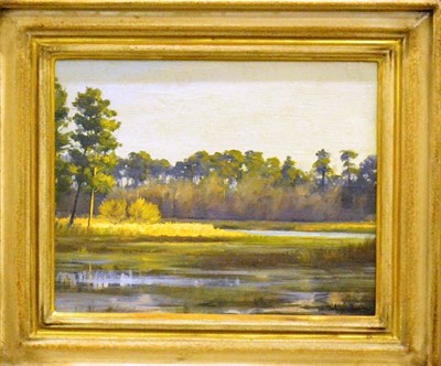 Lot 466 - Julian Barrow (1939-2013) View of a lake in dappled shade Signed, oil on canvas, 24.5cm by 34cm...