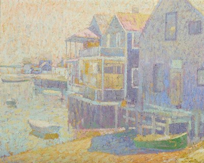 Lot 469 - Sam Barber (b.1943) American ";North Wharf, Nantucket"; Signed, oil on board, 39cm by 49cm