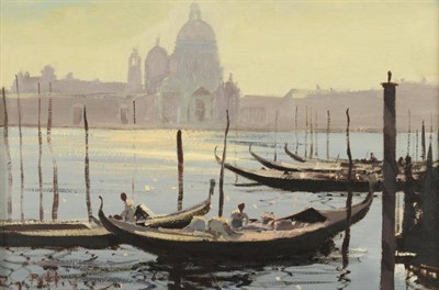 Lot 471 - Roy Petley (b.1951)  Gondolas and gondoliers in the sunlit lagoon before St. Mark's Basilica,...