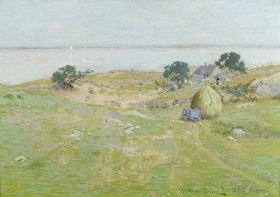 Lot 474 - Stephen Parrish (1846-1938) American Coastal farmstead with a figure feeding chickens Signed,...