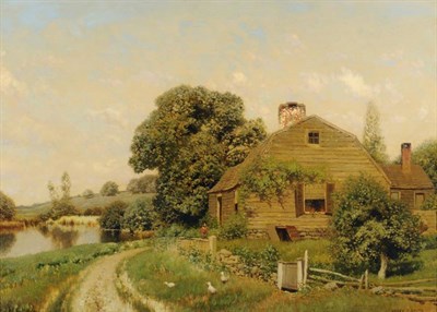 Lot 475 - Henry Pember Smith (1854-1907) American Figure beside a timber clad cottage in a summer...