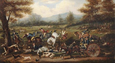 Lot 484 - British Provincial School (19th century) Farcical country scene with huntsmen, hounds, horses...