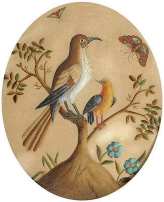 Lot 485 - Attributed to Samuel Dixon (fl.1748-1769)  Study of birds on a branch with butterflies,...