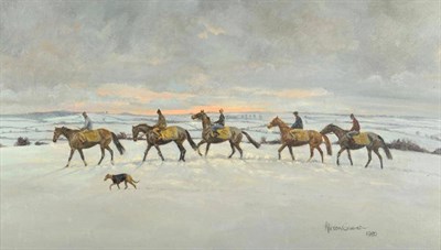 Lot 493 - Alison Guest (b.1951) ";Riding Out"; Signed, and dated 1980, oil on canvas, 38.5cm by 69cm...