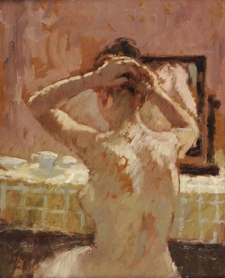 Lot 499 - Bernard Dunstan RA, PPRWA (b.1920) ";Girl Doing Her Hair"; Initialled, oil on board, 24cm by...