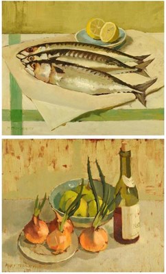 Lot 505 - Mary Thornbery (20th century)  Still life of mackerel and lemons Still life of sprouting...