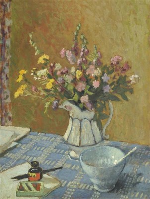 Lot 506 - Bernard Dunstan RA, PPRWA (b.1920)  Still life of summer flowers in a jug with a bowl, fountain pen