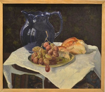 Lot 508 - Alicia Czechowski (20th century) American ";Still Life with Blue Pitcher and Bread"; Oil on canvas