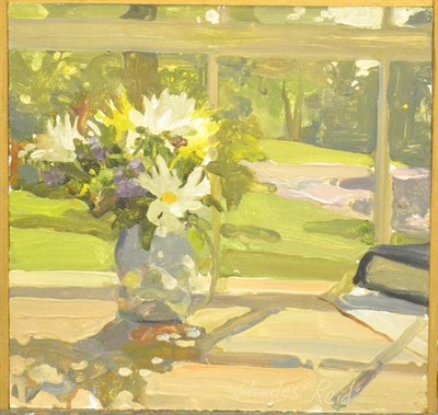 Lot 510 - Charles Reid (20th century) American ";Daisies by the Window"; Signed, oil on canvas, 29.5cm by...