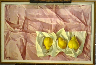 Lot 512 - Leng Everett (20th century) Pears and paper Signed, signed verso, oil on canvas, 49.5cm by 75.5cm