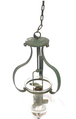 Lot 261A - An Early 20th Century Green Painted Metal Hanging Lantern, suspended by a chain with S shaped...