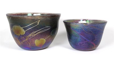 Lot 1 - John Ditchfield for Glasform; an iridescent petroleum bowl decorated with lily pads and trails,...