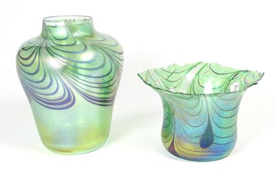 Lot 18 - John Ditchfield for Glasform; an iridescent green vase decorated with bands and pearl drops, etched