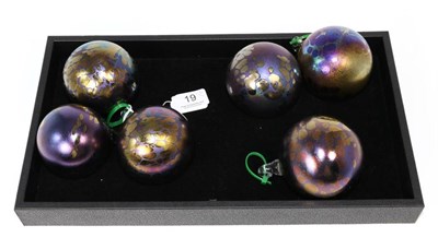 Lot 19 - John Ditchfield for Glasform; a set of six iridescent petroleum baubles decorated with speckles and