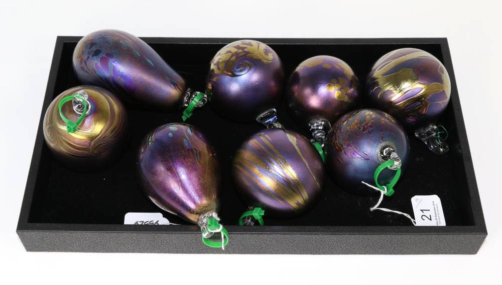Lot 21 - John Ditchfield for Glasform; a group of six iridescent petroleum baubles decorated with...